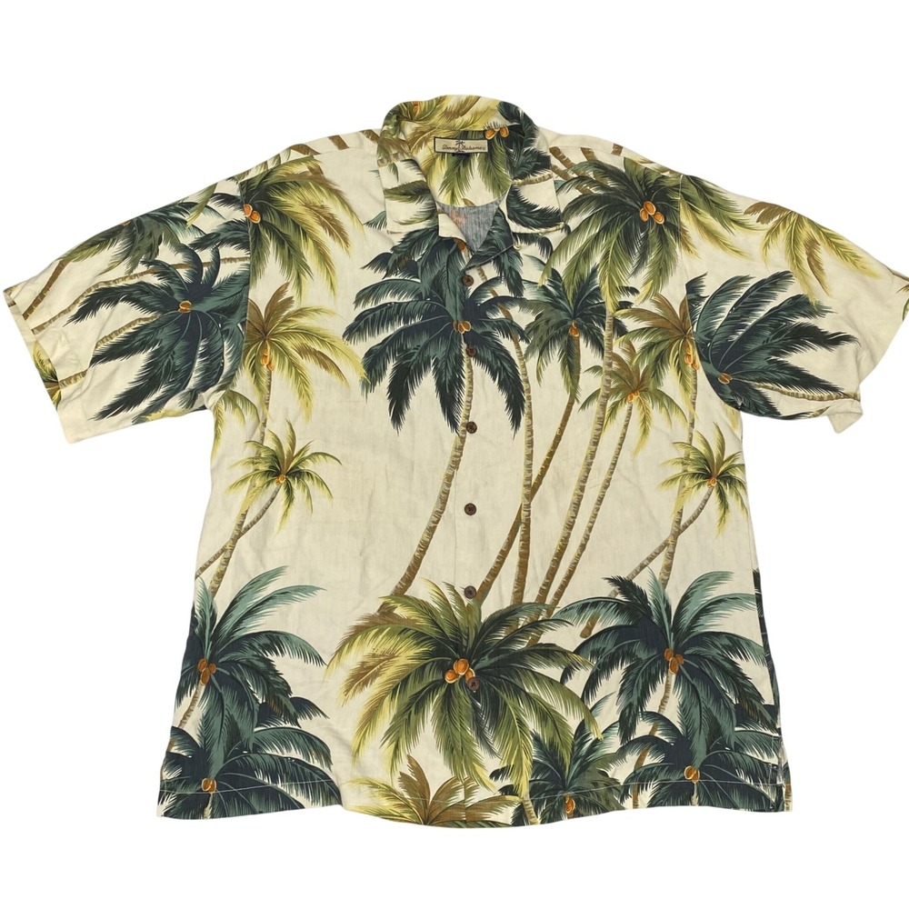 Tommy‎ Bahama Mens XL Silk Palm Tree Camp Shirt Tropical Hawaiian Ivory T30511
